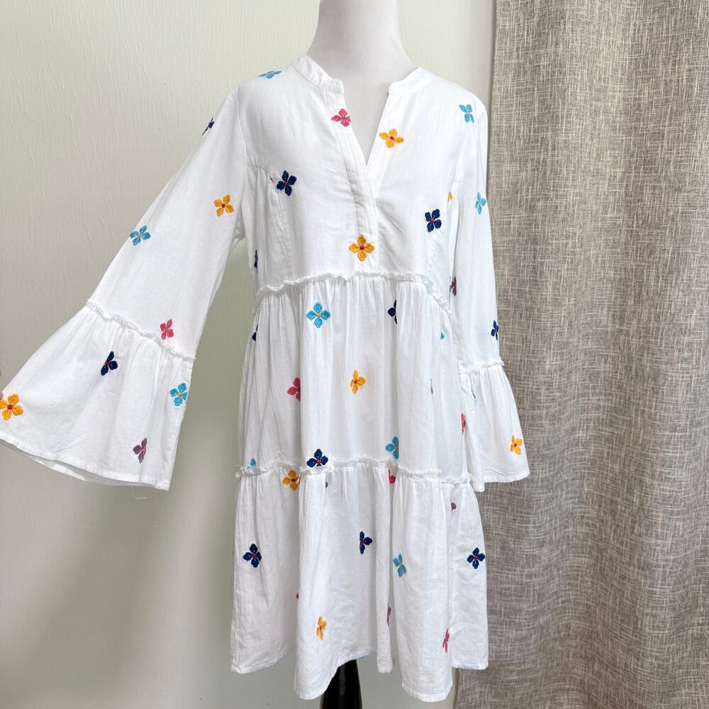 Aspiga Organic Cotton Tiered Dress M White Floral Embroidered Flare Sleeve Boho